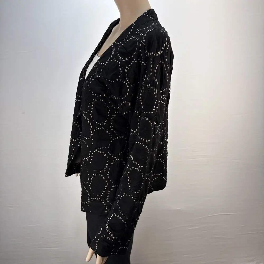 Lisa Bayne Knit Jacket Size L One Button Asymmetric‎ Black Circle Print Pockets
